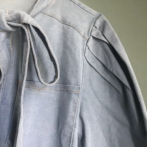 Jean button down tie neck ballon shoulder blouse